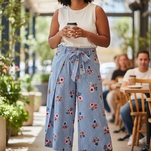 Bonded 3XL Floral Striped Wide-Leg Pants Made in USA